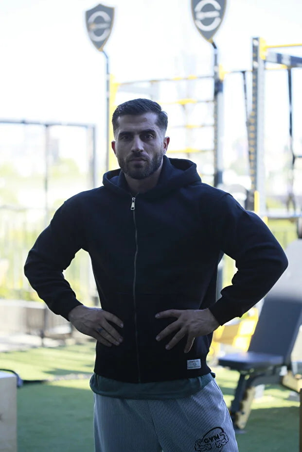 Siyah Kapüşonlu Polar Erkek Oversize Sweat