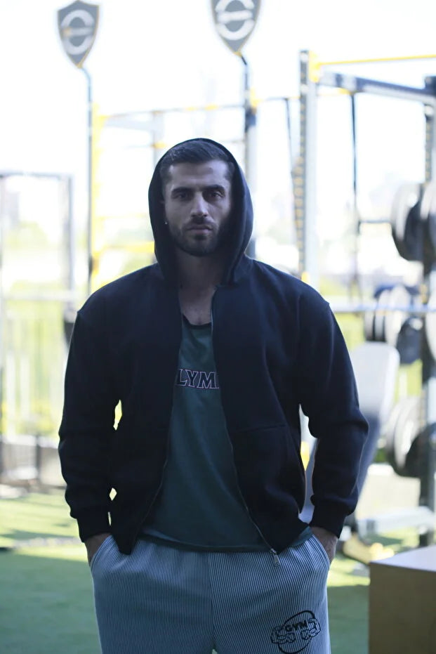 Siyah Kapüşonlu Polar Erkek Oversize Sweat